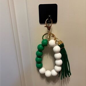 Green and White Beaded Keychain with Tassel